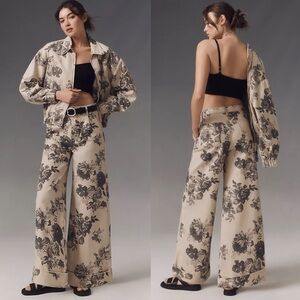 Anthropologie Leon Double Hem High-Rise Wide-Leg Cuffed Jeans Pilcro: Floral L14